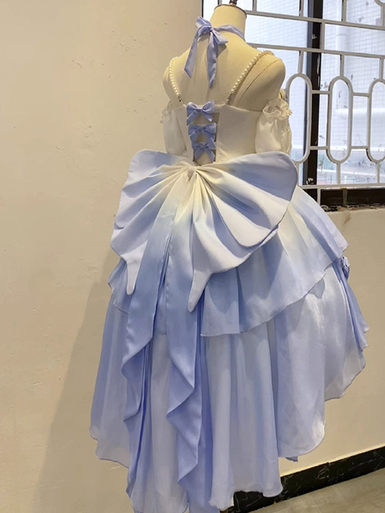 Vestido de fiesta vintage con tirantes finos, corto de gasa, para verano, para 18 cumpleaños, con degradado alto y bajo, con perlas azules, estilo lolita, atuendos de cumpleaños W1231