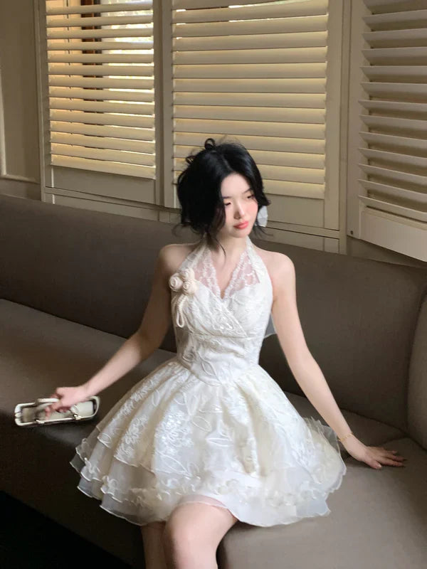 Vintage Ivory Lace A-Line Homecoming Dress Sequin Party Dress Short Halter-neck Cocktail Dress TP4630