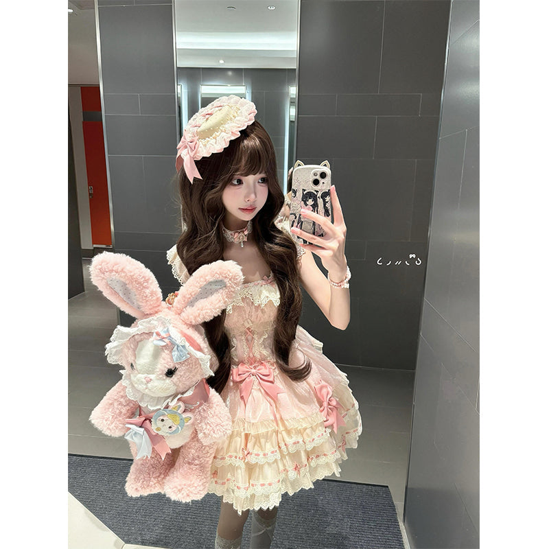 Vestido de fiesta corto de encaje rosa con escote cuadrado, vestido de verano para 18 cumpleaños, vestido lolita, atuendos de cumpleaños W1249