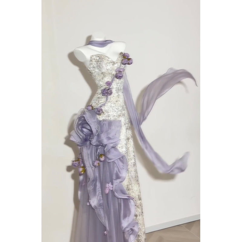 Vestido largo de verano con escote corazón, color lila, para 18.º cumpleaños, estilo lolita, para 20.º cumpleaños, W1260