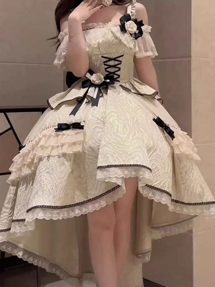 Vestido de verano de encaje con escote cuadrado alto y bajo para 18 cumpleaños, estilo lolita, W1256