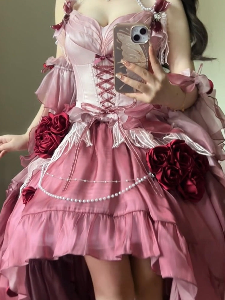 Vestido vintage de fiesta con tirantes finos de gasa para verano, vestido de lolita rosa con degradado, para 18 cumpleaños, DH2415