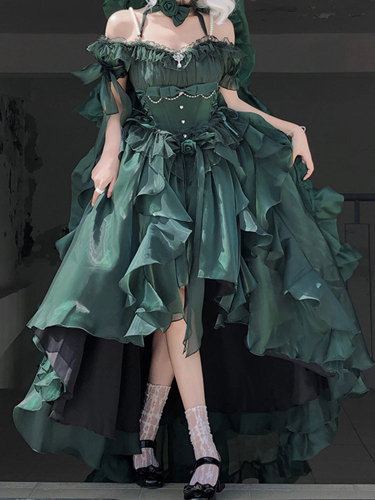 Vestido de princesa con hombros descubiertos, mangas cortas, verde oscuro, alto bajo, floral, de gasa para cumpleaños número 16, vestido lolita, atuendos para cumpleaños número 18, W1199