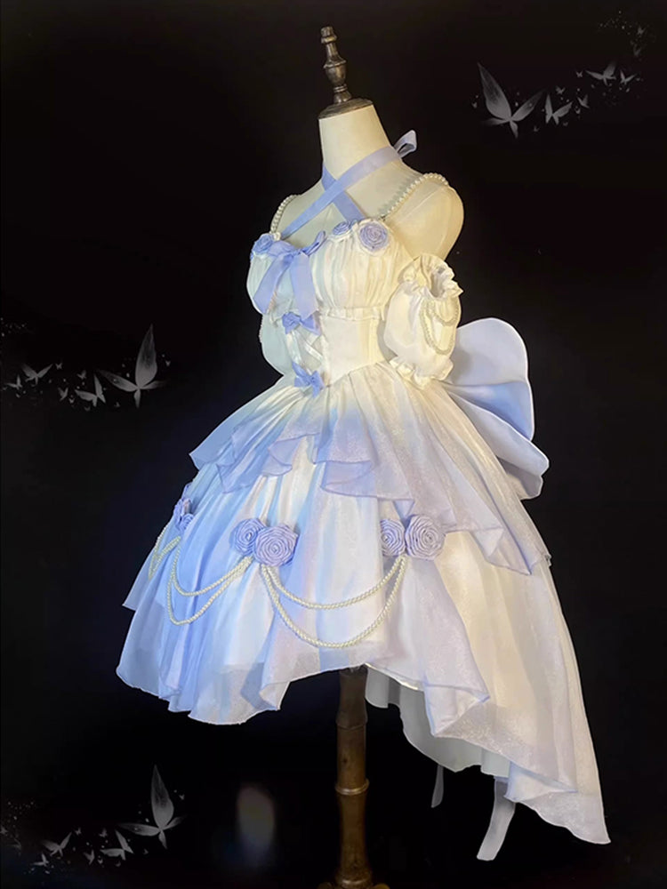 Vestido de fiesta vintage con tirantes finos, corto de gasa, para verano, para 18 cumpleaños, estilo lolita azul con degradado, W1230