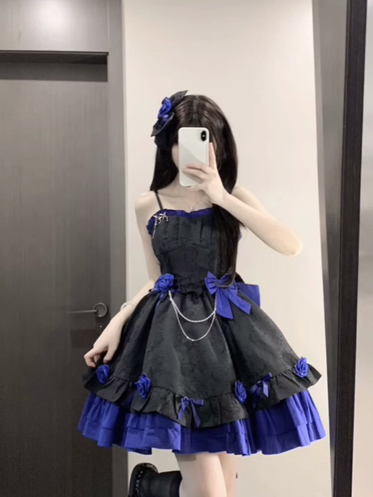 Vestido de fiesta retro con tirantes, corto, azul rey, minivestido floral para 16.º cumpleaños, vestido lolita, atuendos para 18.º cumpleaños W1211