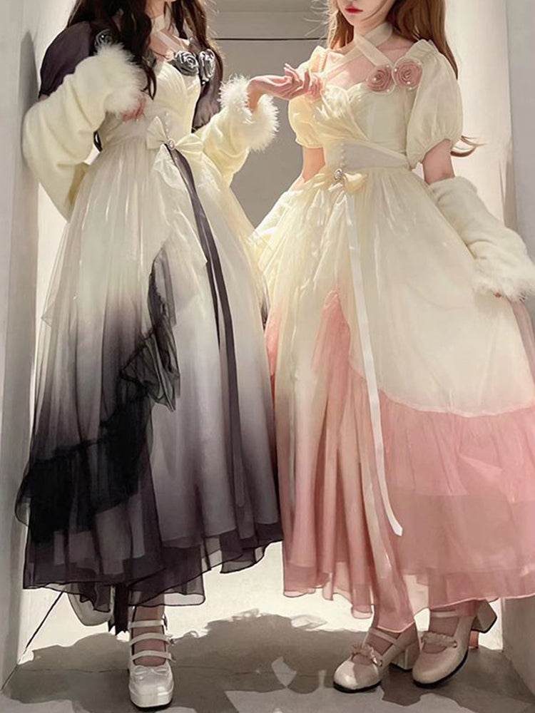 Vestido de fiesta vintage con hombros descubiertos, mangas cortas, para cumpleaños número 16, color rosa degradado, vestido lolita, atuendos de cumpleaños W1232