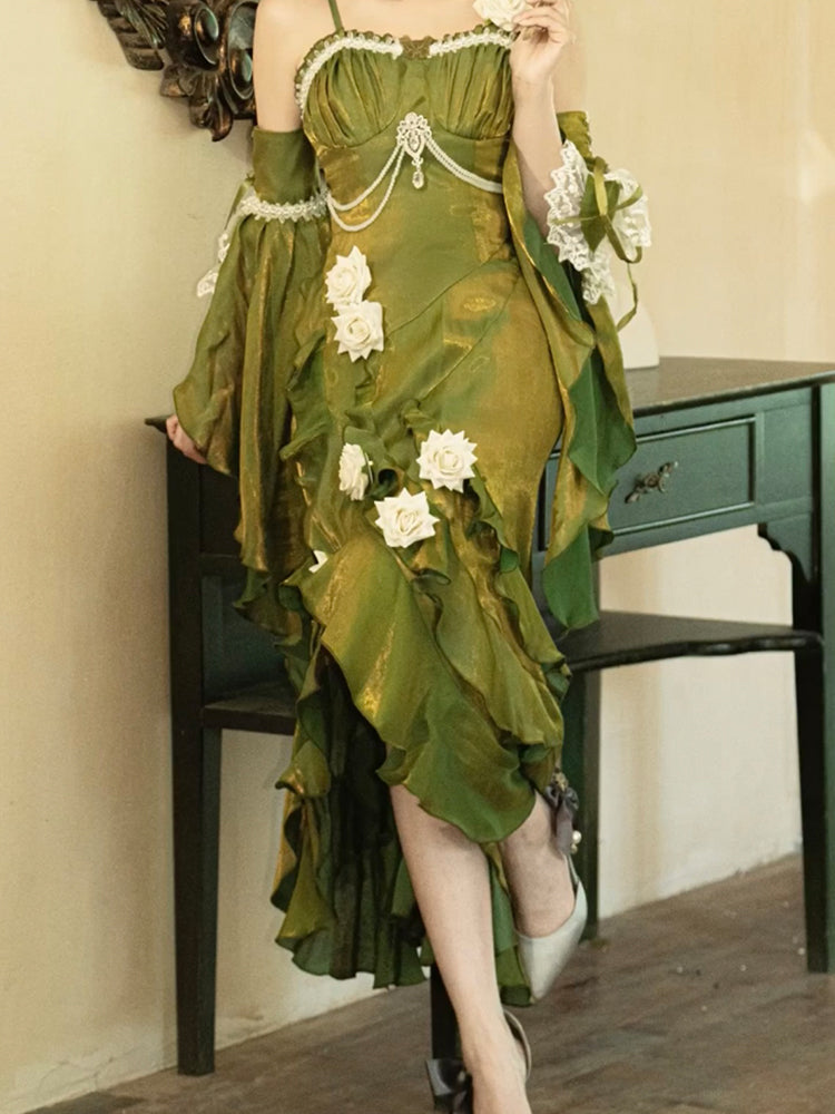 Vestido verde de verano con tirantes finos de sirena para 18 cumpleaños, estilo lolita, W1257