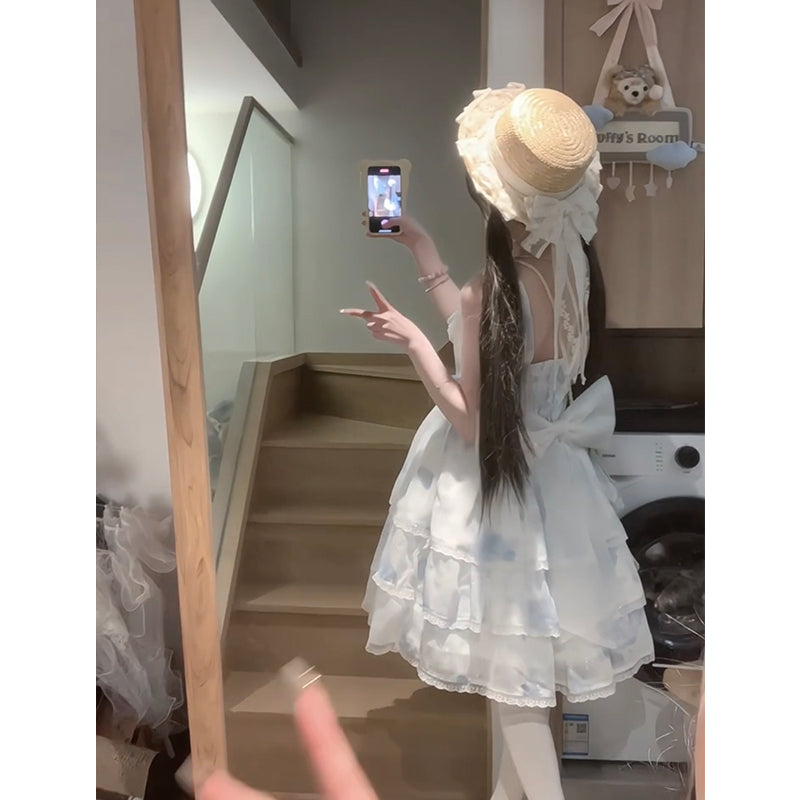 Vestido de fiesta vintage con escote cuadrado, blanco y azul, corto, para verano, para 18 cumpleaños, estilo lolita, W1237