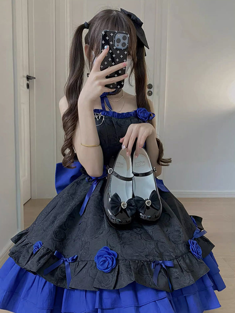 Vestido de fiesta retro sin tirantes, corto, azul rey, minivestido floral para 16.º cumpleaños, vestido lolita, atuendos para 18.º cumpleaños W1205