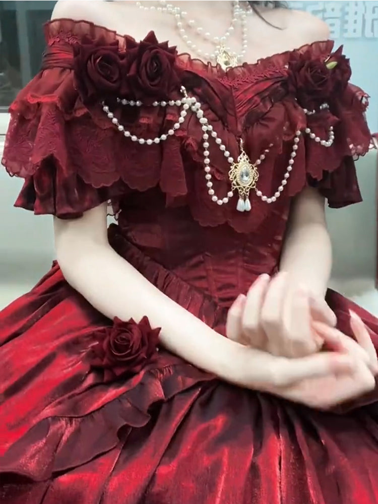 Vestido de fiesta retro con hombros descubiertos, mangas cortas, estampado floral burdeos, de gasa para 16 cumpleaños, vestido lolita, atuendos para 18 cumpleaños W1204
