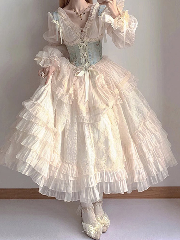 Vestido de fiesta retro con escote en V y mangas largas, con estampado floral de rosas blancas, de gasa para 16 cumpleaños, estilo lolita, para 18 cumpleaños, W1213
