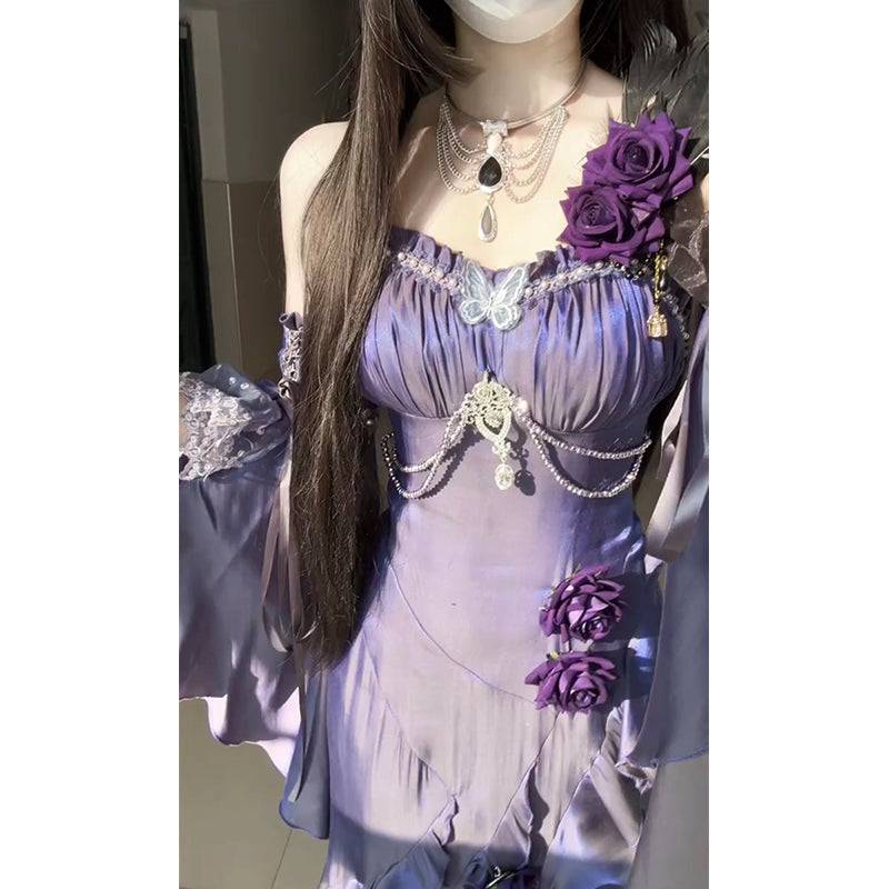 Vestido vintage de satén con tirantes finos, color uva, para 16 cumpleaños, estilo lolita, W1200