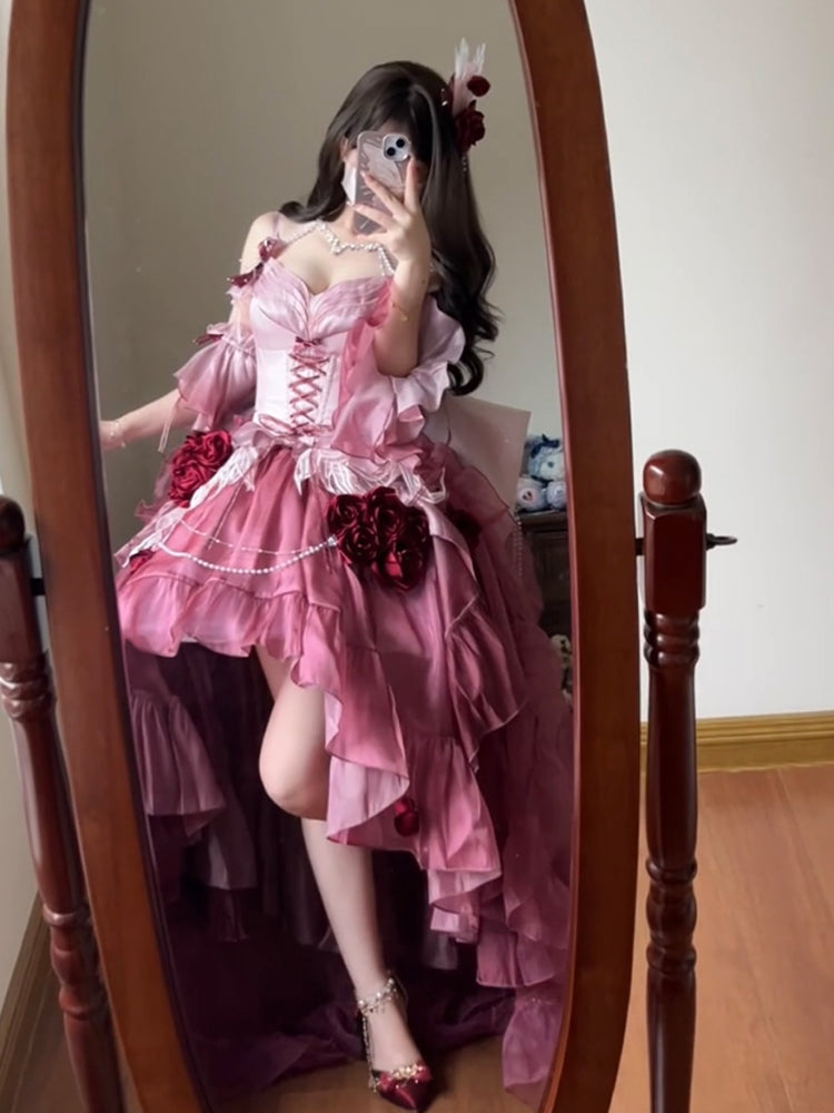 Vestido vintage de fiesta con tirantes finos de gasa para verano, vestido de lolita rosa con degradado, para 18 cumpleaños, DH2415
