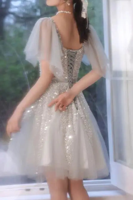 A-line Short Silver Homecoming Dress with Flutter Sleeves fg3735