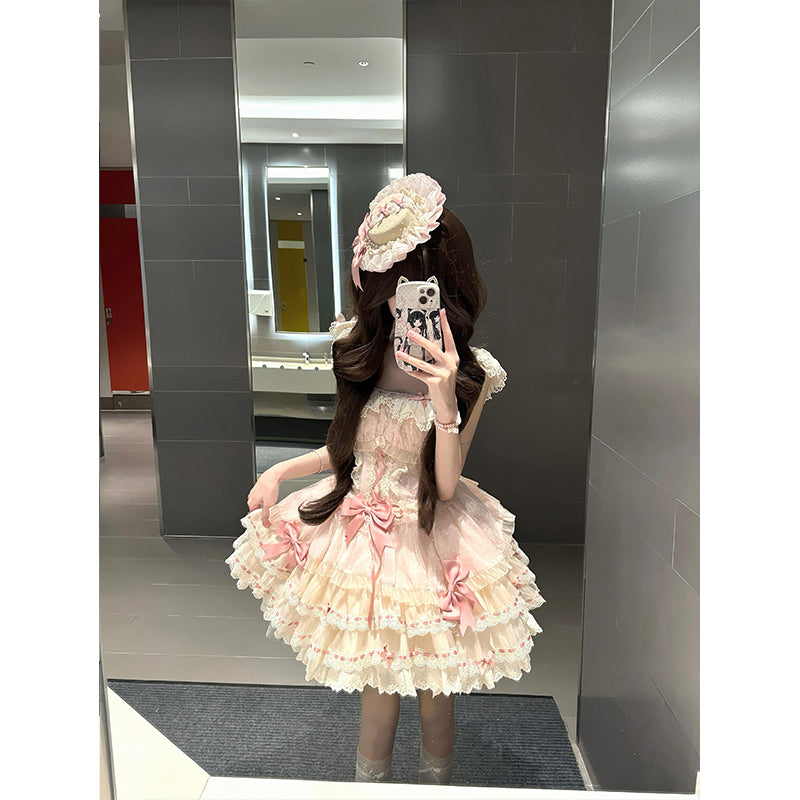Vestido de fiesta corto de encaje rosa con escote cuadrado, vestido de verano para 18 cumpleaños, vestido lolita, atuendos de cumpleaños W1249