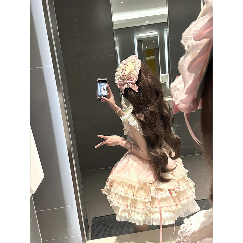 Vestido de fiesta corto de encaje rosa con escote cuadrado, vestido de verano para 18 cumpleaños, vestido lolita, atuendos de cumpleaños W1249