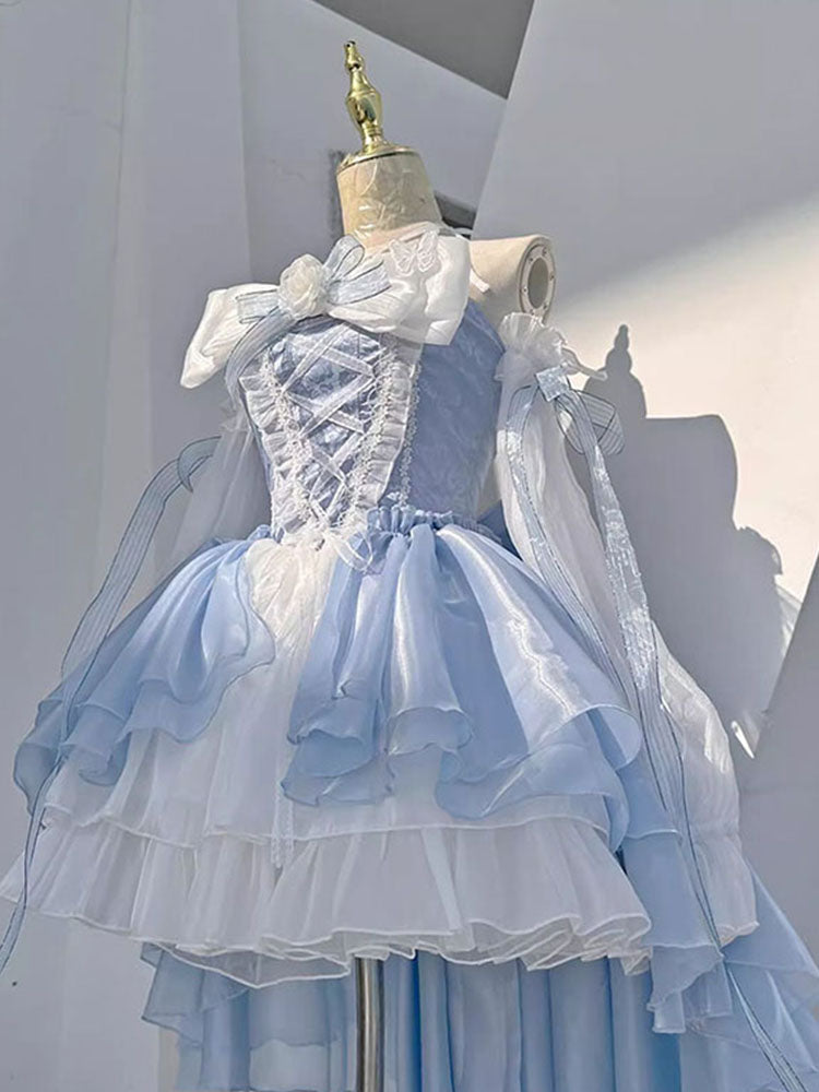 Vestido de fiesta vintage con cuello halter, de gasa azul cielo claro, corto, para verano, para 18 cumpleaños, estilo lolita, W1202