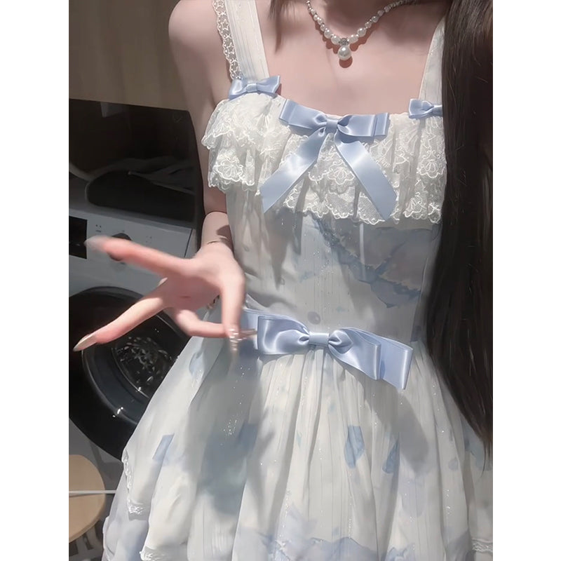 Vestido de fiesta vintage con escote cuadrado, blanco y azul, corto, para verano, para 18 cumpleaños, estilo lolita, W1237