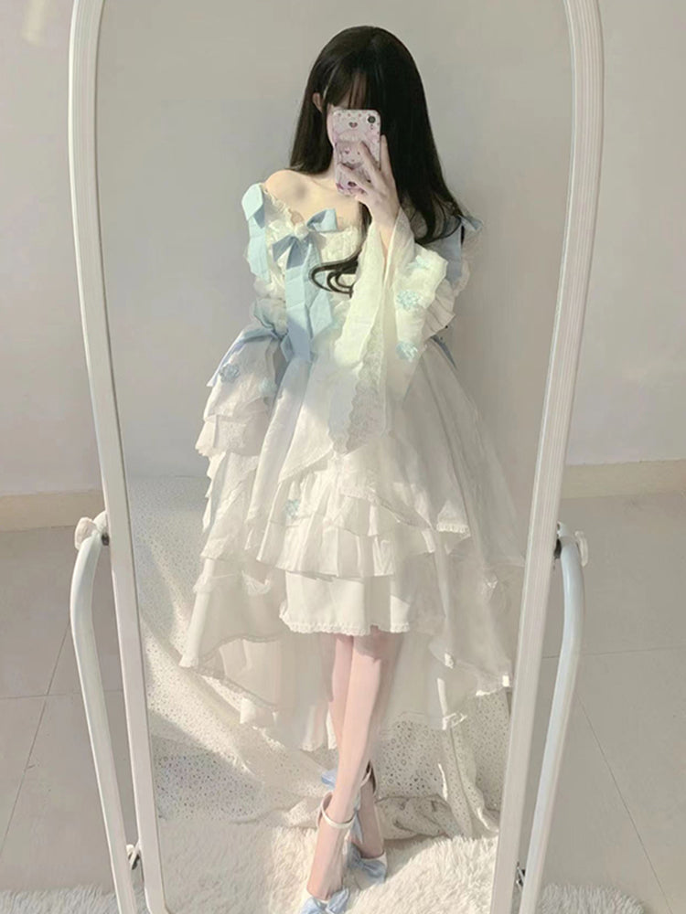 Vestido de fiesta vintage cuadrado de manga larga de gasa blanca para verano, vestido de lolita para 18 cumpleaños, atuendos de cumpleaños W1228