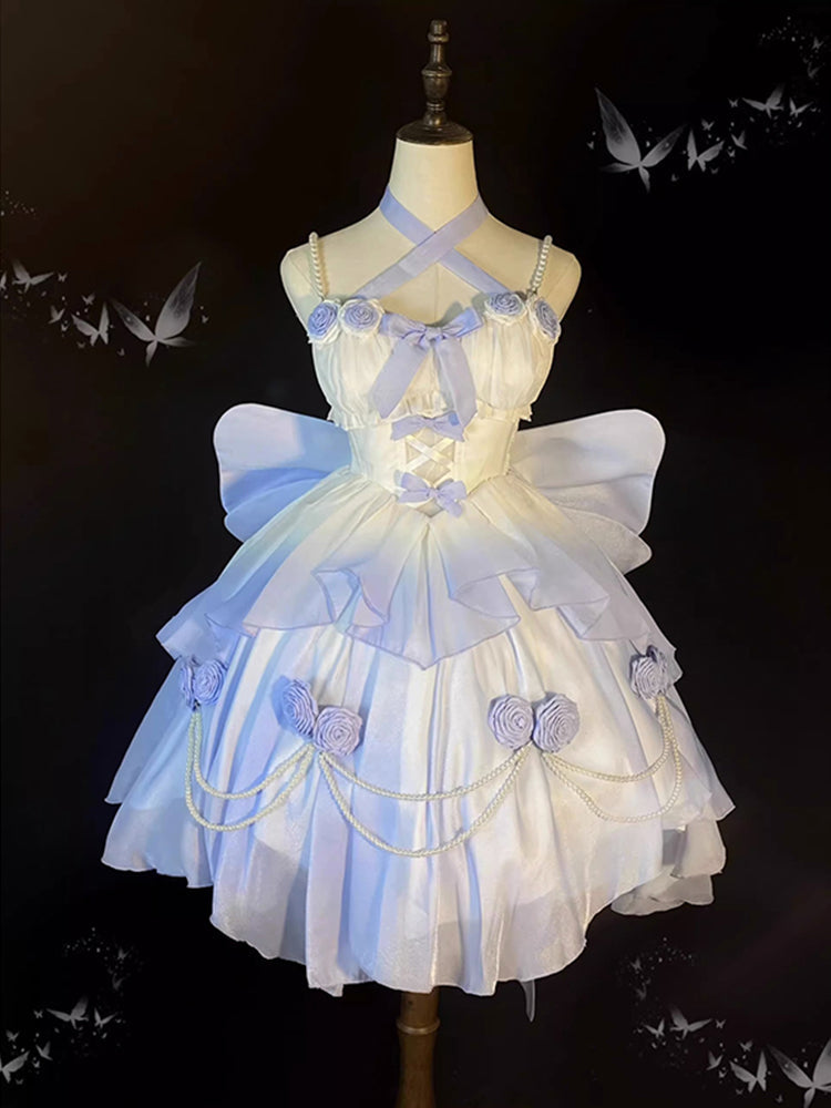 Vestido de fiesta vintage con tirantes finos, corto de gasa, para verano, para 18 cumpleaños, estilo lolita azul con degradado, W1230