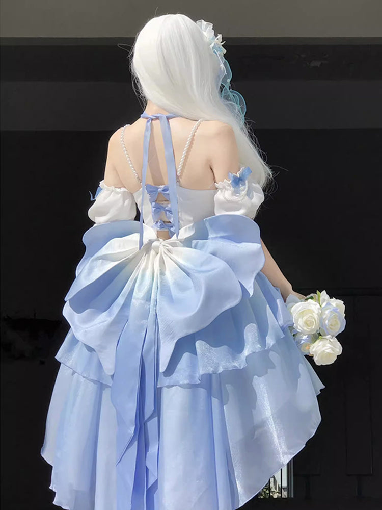 Vestido de fiesta vintage con tirantes finos, corto de gasa, para verano, para 18 cumpleaños, con degradado alto y bajo, con perlas azules, estilo lolita, atuendos de cumpleaños W1241