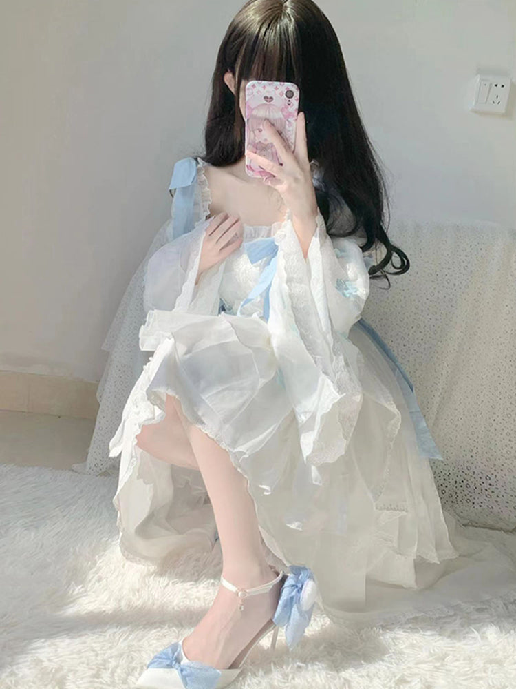 Vestido de fiesta vintage cuadrado de manga larga de gasa blanca para verano, vestido de lolita para 18 cumpleaños, atuendos de cumpleaños W1228