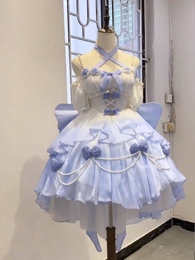 Vestido de fiesta vintage con tirantes finos, corto de gasa, para verano, para 18 cumpleaños, con degradado alto y bajo, con perlas azules, estilo lolita, atuendos de cumpleaños W1231