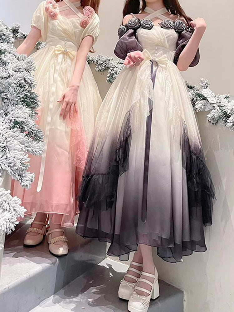 Vestido de fiesta vintage con hombros descubiertos, mangas cortas, para cumpleaños número 16, color rosa degradado, vestido lolita, atuendos de cumpleaños W1232