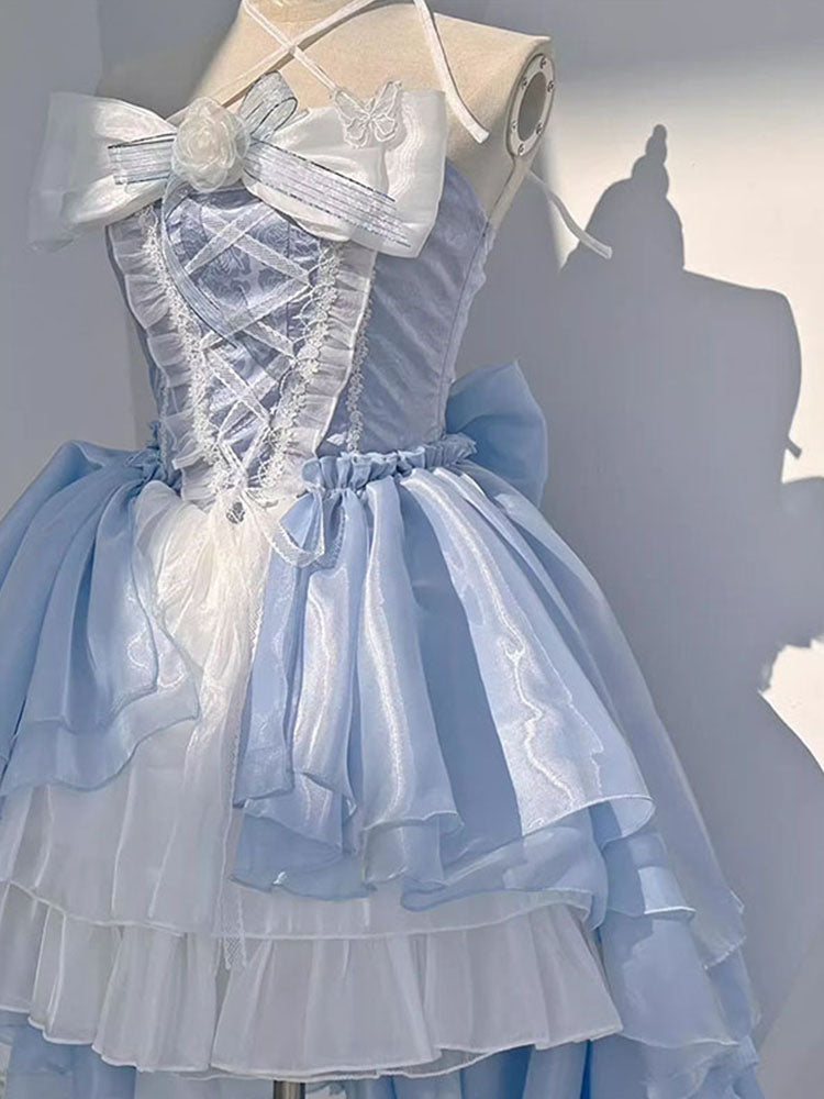 Vestido de fiesta vintage con cuello halter, de gasa azul cielo claro, corto, para verano, para 18 cumpleaños, estilo lolita, W1202
