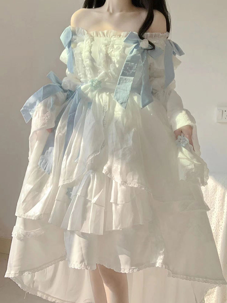 Vestido de fiesta vintage cuadrado de manga larga de gasa blanca para verano, vestido de lolita para 18 cumpleaños, atuendos de cumpleaños W1228