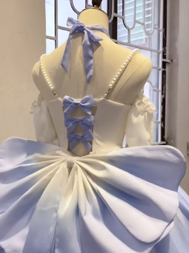 Vestido de fiesta vintage con tirantes finos, corto de gasa, para verano, para 18 cumpleaños, con degradado alto y bajo, con perlas azules, estilo lolita, atuendos de cumpleaños W1231