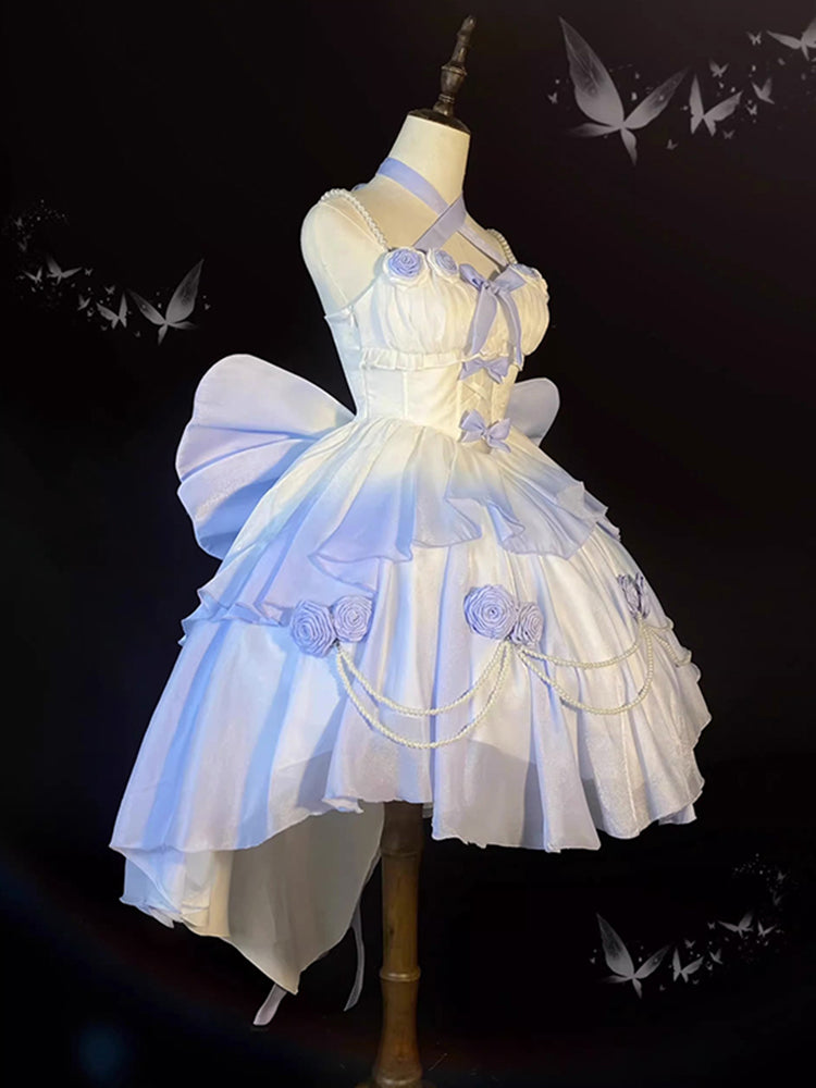 Vestido de fiesta vintage con tirantes finos, corto de gasa, para verano, para 18 cumpleaños, estilo lolita azul con degradado, W1230