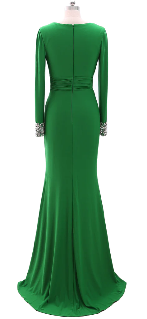 Vestidos largos de madre de la novia para mujer, vestido de noche verde gris con manga larga y cuello en V