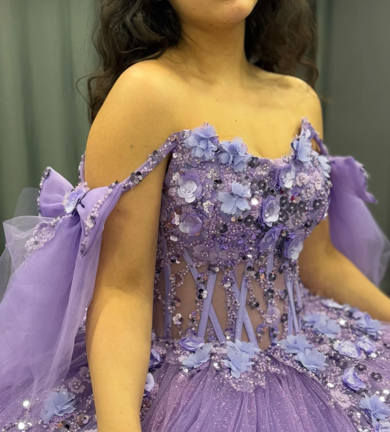 Purple Ball Gown Off the Shoulder Beaded 3D Flowers Sweet 16 Dress Girls Party Gowns vestidos de quinceañera SH3267