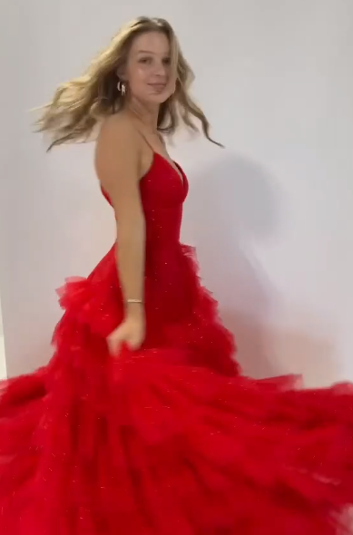 Vestido de fiesta largo estilo princesa, corte A, con volantes y tiras, TP85