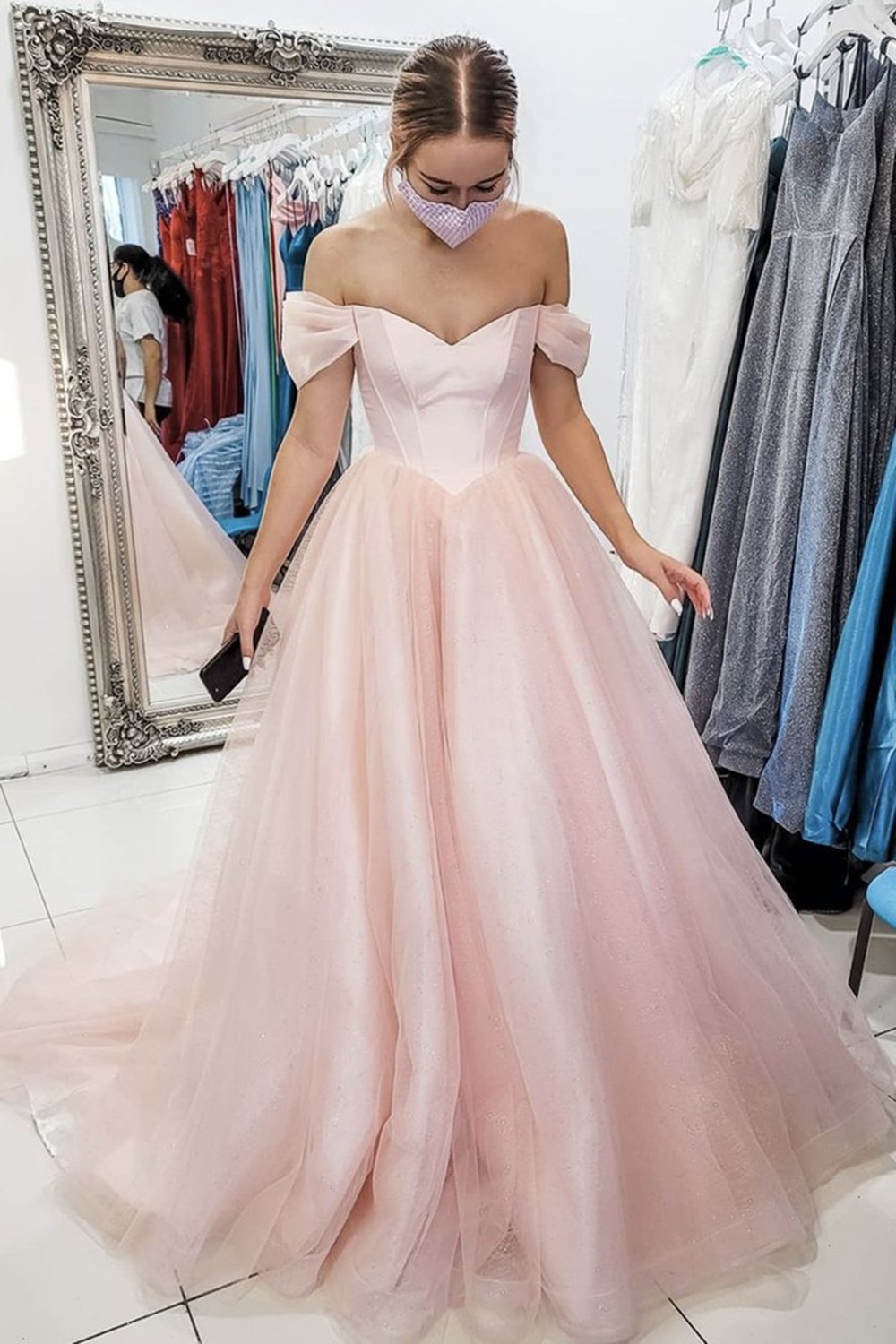 Pink Tulle Princess Long Prom Dress, Off the Shoulder Formal Dress GP140