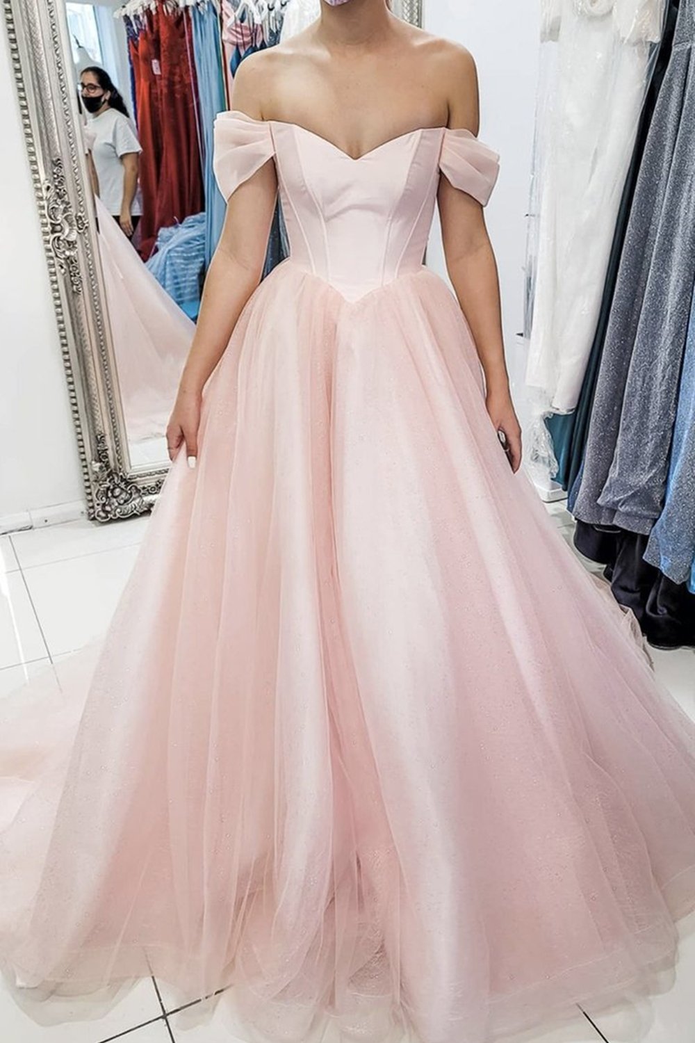 Pink Tulle Princess Long Prom Dress, Off the Shoulder Formal Dress GP140