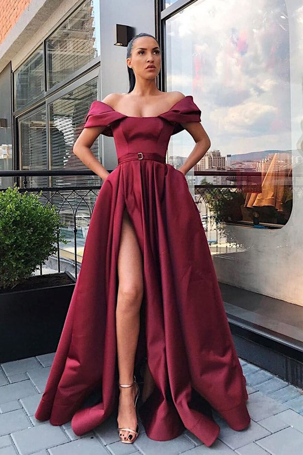 Burgundy Off The Shoulder Satin Long Prom Dress With Split,WP351