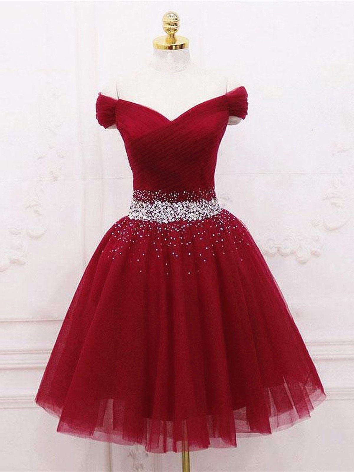 Vestidos de fiesta burdeos cortos con hombros descubiertos, vestidos de fiesta formales burdeos cortos con hombros descubiertos
