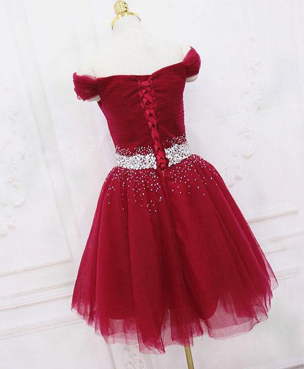 Vestidos de fiesta burdeos cortos con hombros descubiertos, vestidos de fiesta formales burdeos cortos con hombros descubiertos