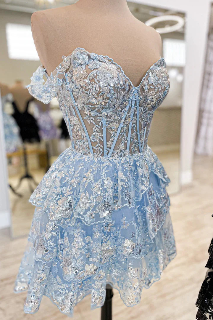 Off The Shoulder Lace Sequin Homecoming Dress, AST1011