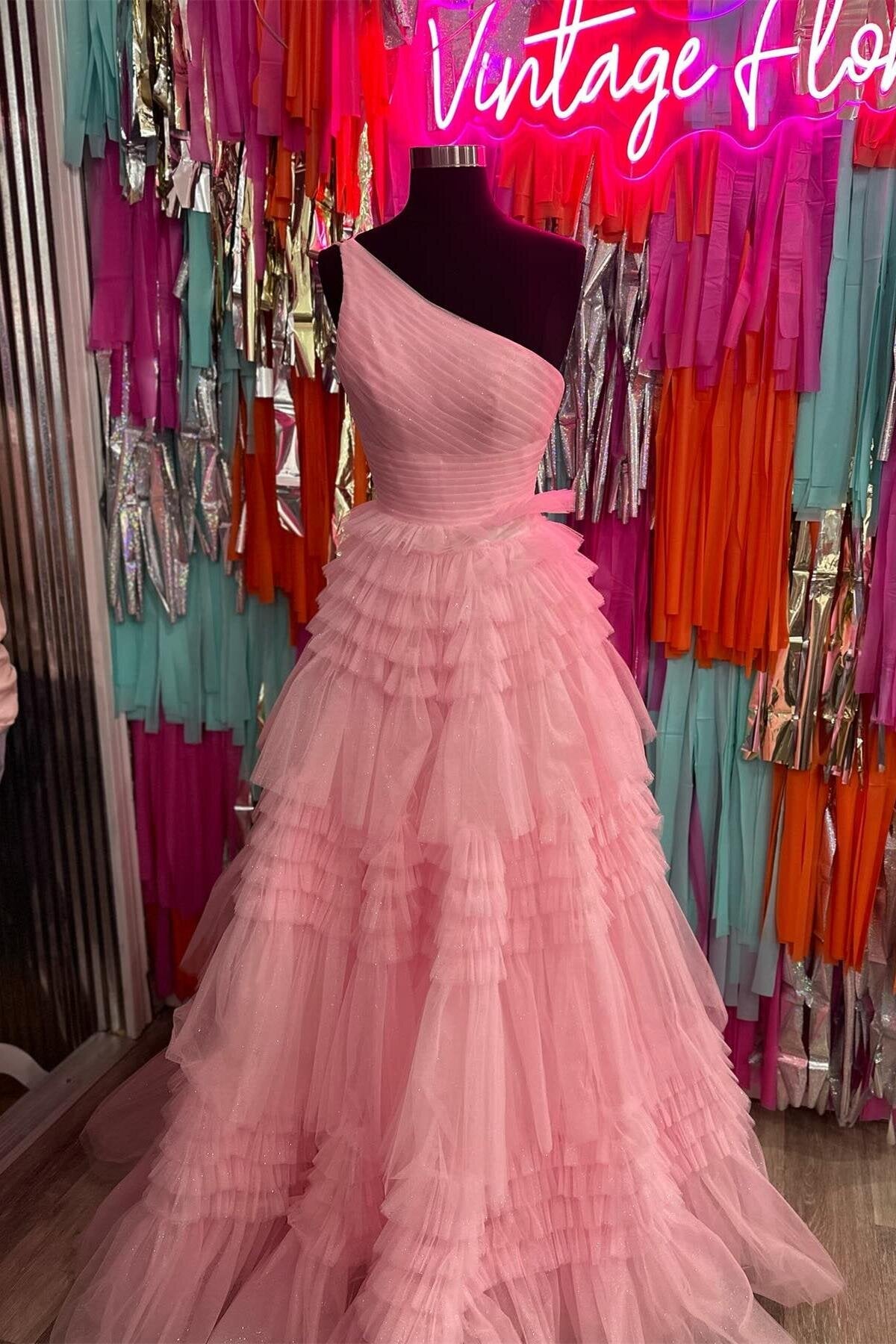 One Shoulder Pink Tulle Long Prom Dresses, Glitter Tiered Formal Gown GP644