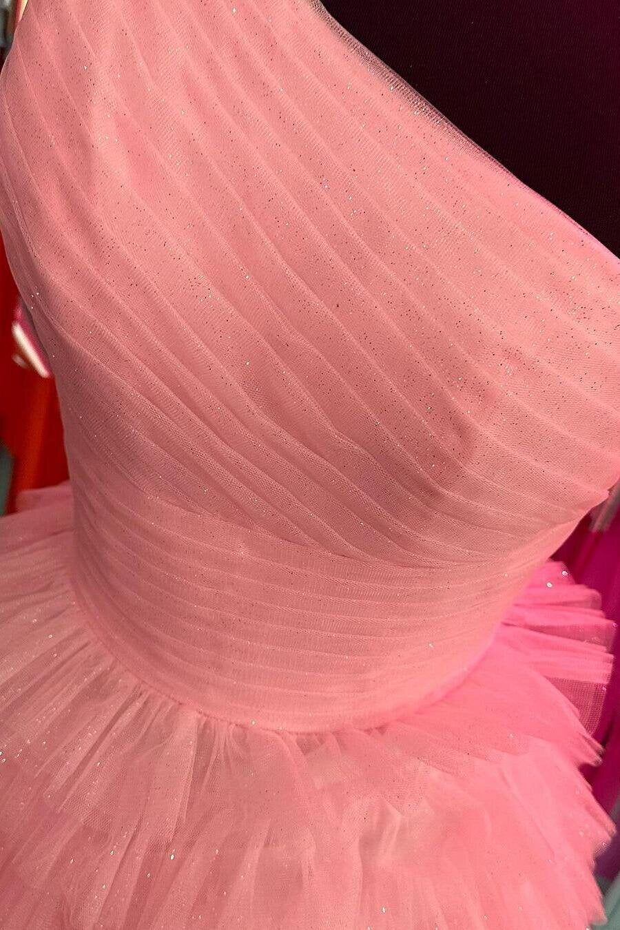 One Shoulder Pink Tulle Long Prom Dresses, Glitter Tiered Formal Gown GP644