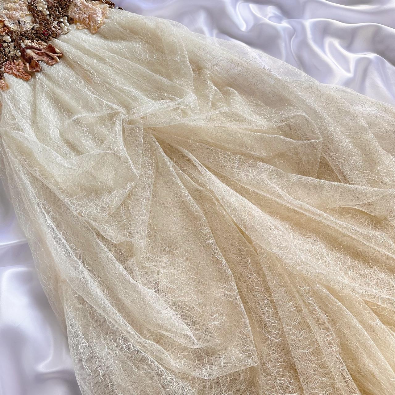 Off-white exquisite floral lace beaded long tulle ball gown, evening dress, party dress bridesmaid dress gh3531