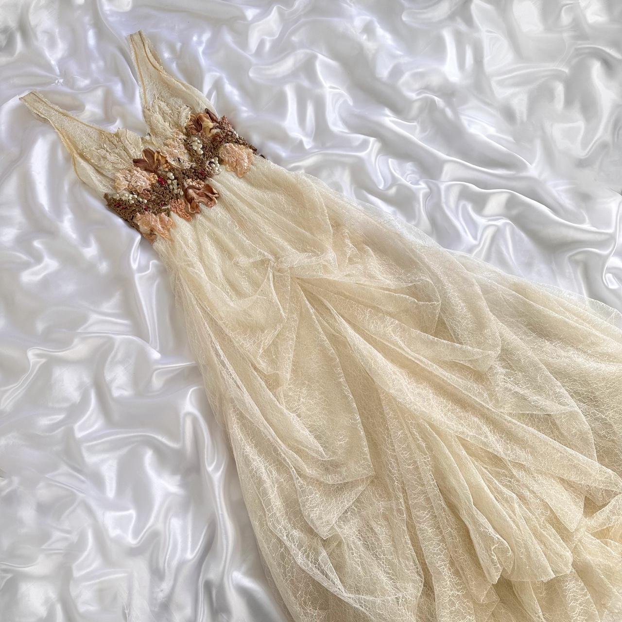 Off-white exquisite floral lace beaded long tulle ball gown, evening dress, party dress bridesmaid dress gh3531