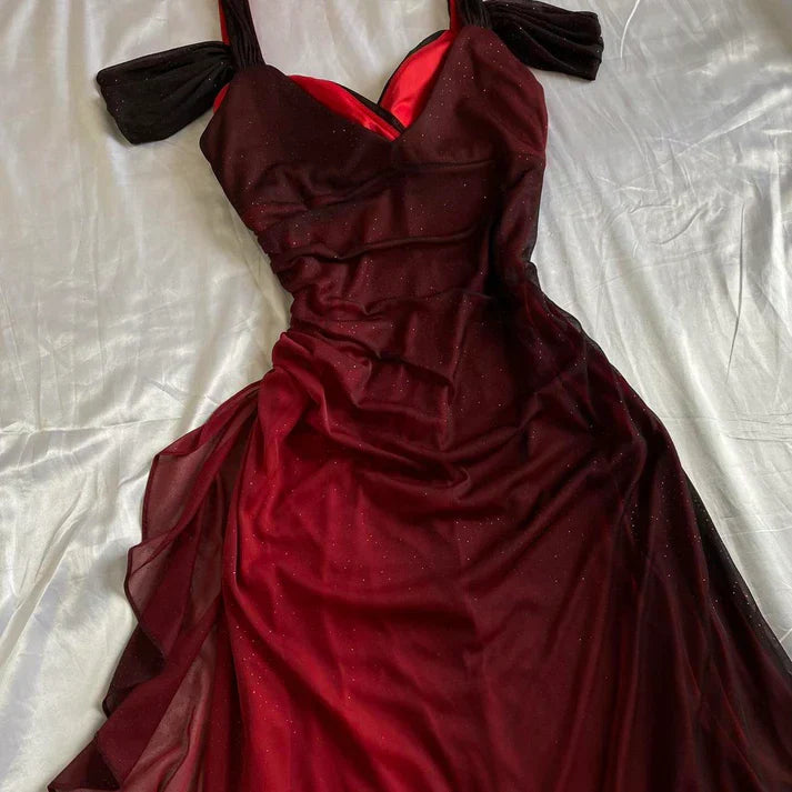 Vestidos de fiesta con volantes brillantes burdeos Vestido de fiesta Mujer Elegante Lujo Largo