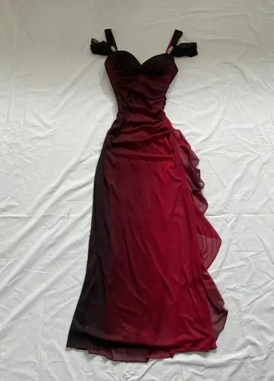 Vestidos de fiesta con volantes brillantes burdeos Vestido de fiesta Mujer Elegante Lujo Largo
