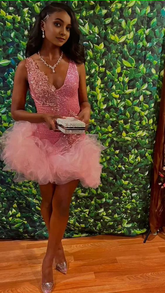 Vintage Pink Applique Beaded A-Line Short Party Dress Cocktail Dress Homecoming Dress TP4467