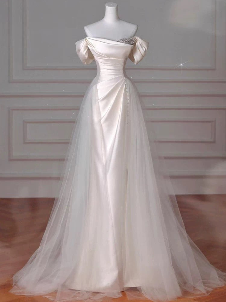 Beautiful Sheath Satin Long Prom Dresses Wedding Evening Dress