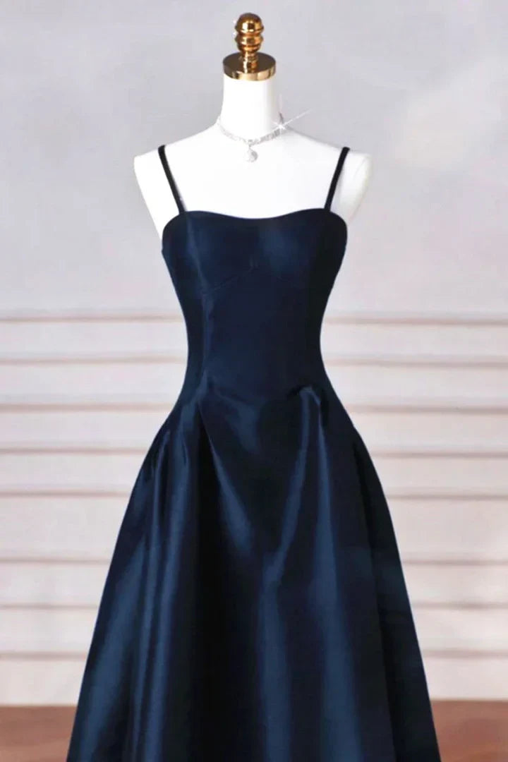 Vestido largo formal con tirantes de satén azul marino para mujer